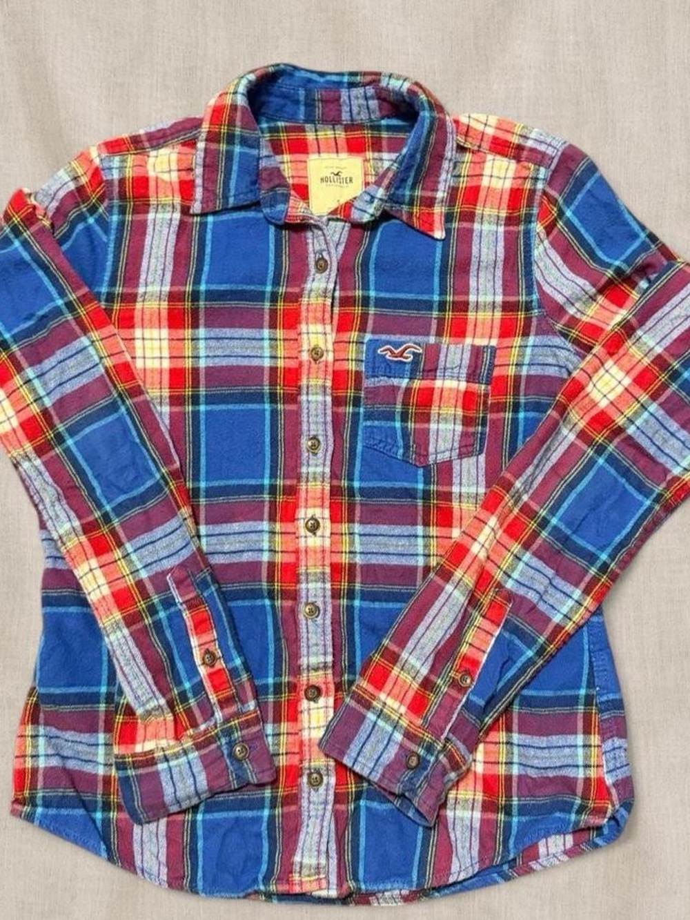 Y2K Hollister Blue, Red & Yellow Plaid Button-Down Flannel
